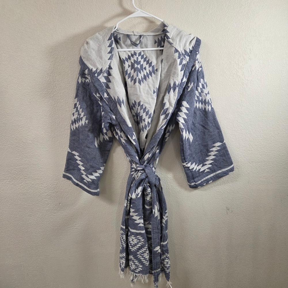 Blue White Geometric Woven Hooded Robe Boho Fringe Beach Coverup One Size